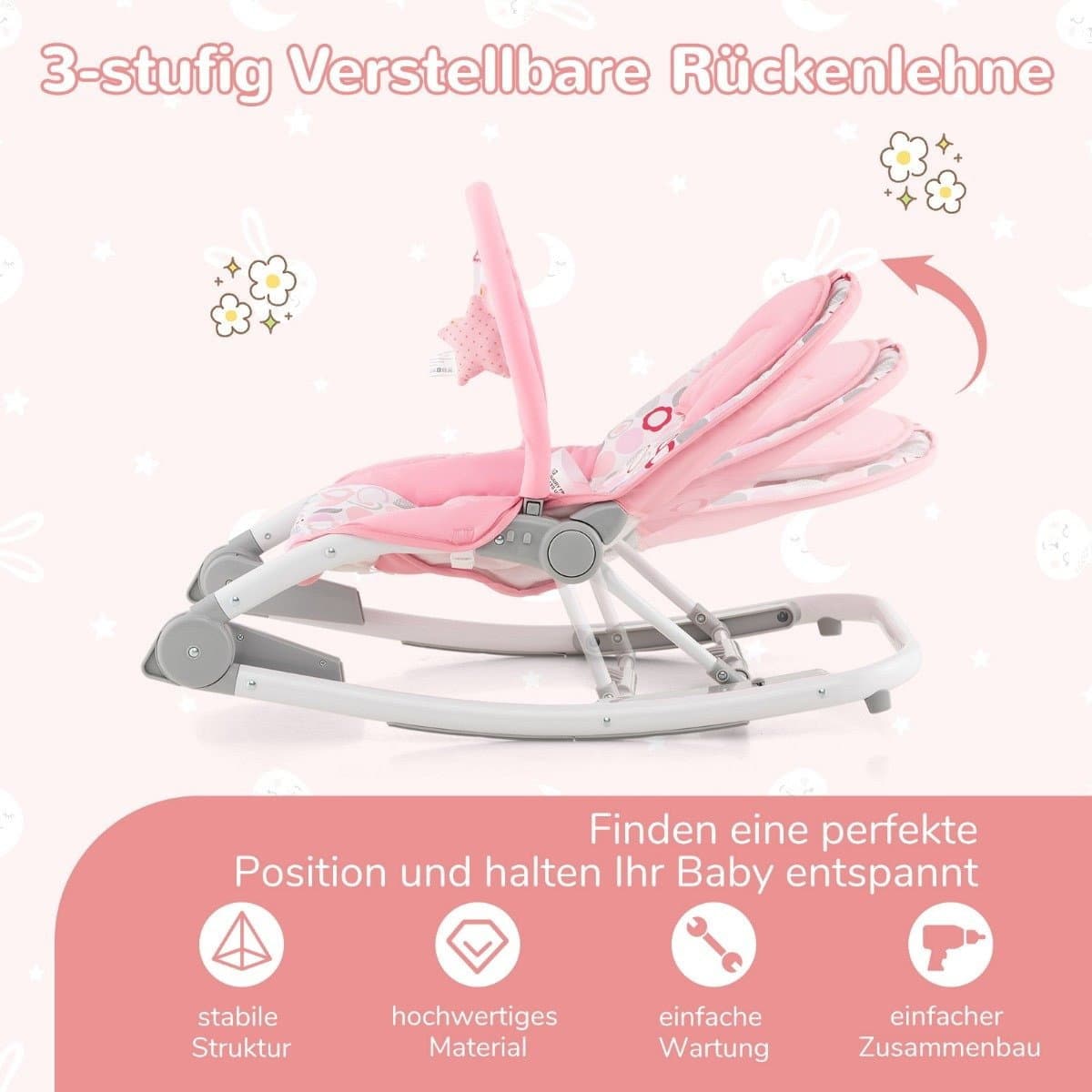 Balançoire portable pliable 2 en 1 pour bébé avec dossier réglable à 3 niveaux rose