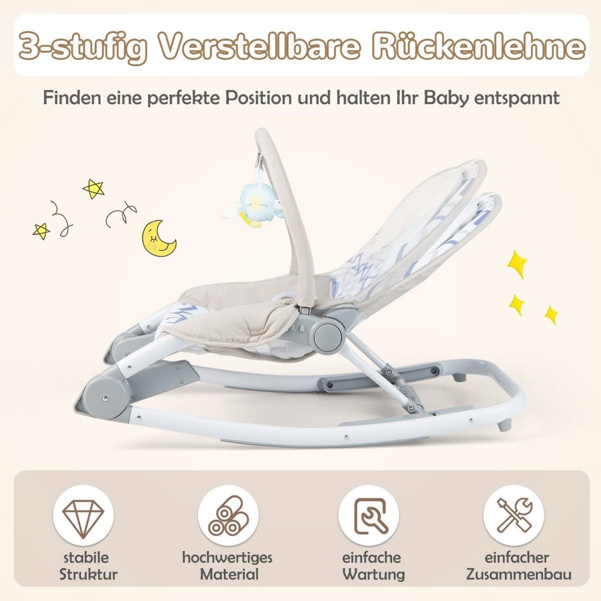 Altalena portatile pieghevole a dondolo 2 in 1 con schienale regolabile a 3 livelli, colore grigio