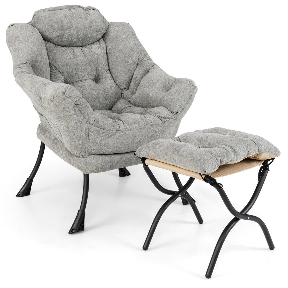Fauteuil avec tabouret & accoudoirs & poche latérale & repose-pieds double face chaise de relaxation gris