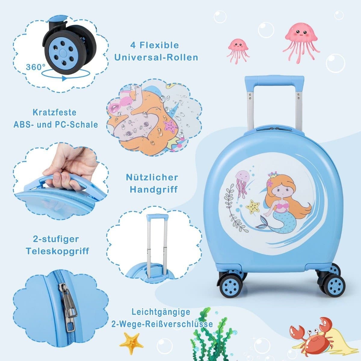 Valigia per bambini 4 pezzi + zaino Trolley per bambini 10"+14" con ruote blu