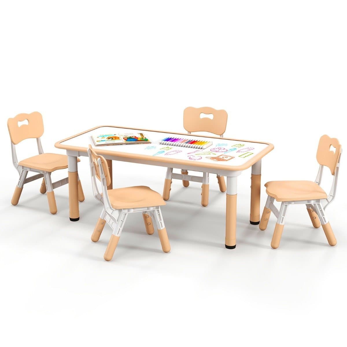 Kindertisch mit 4 Stühlen Set mit Graffiti-Tischplatte Höhenverstellbare Kindersitzgruppe Natur