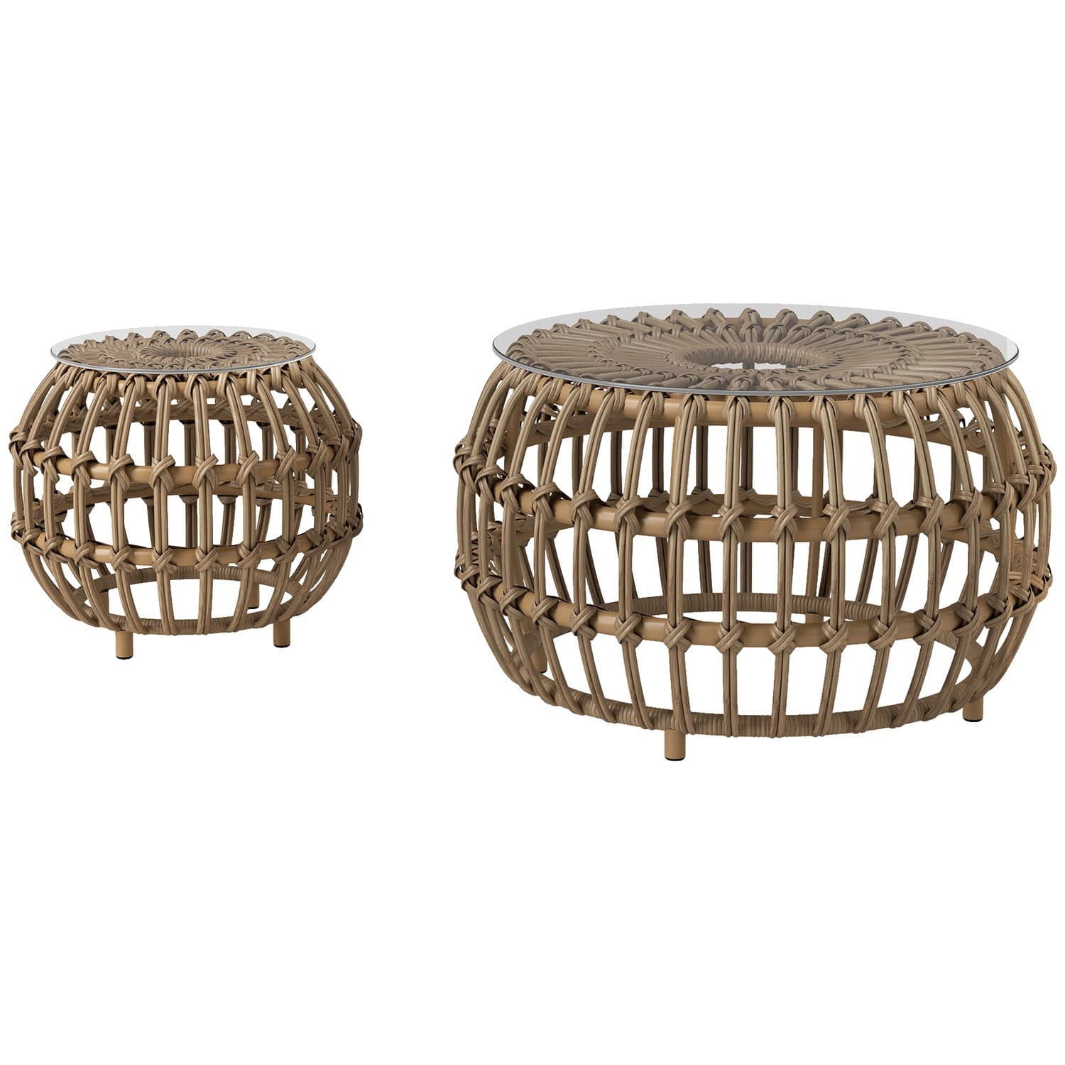 Set di 2 tavolini in polyrattan Ø66/42 cm tavolo da giardino rotondo resistente alle intemperie con piano in vetro tavolo da bal
