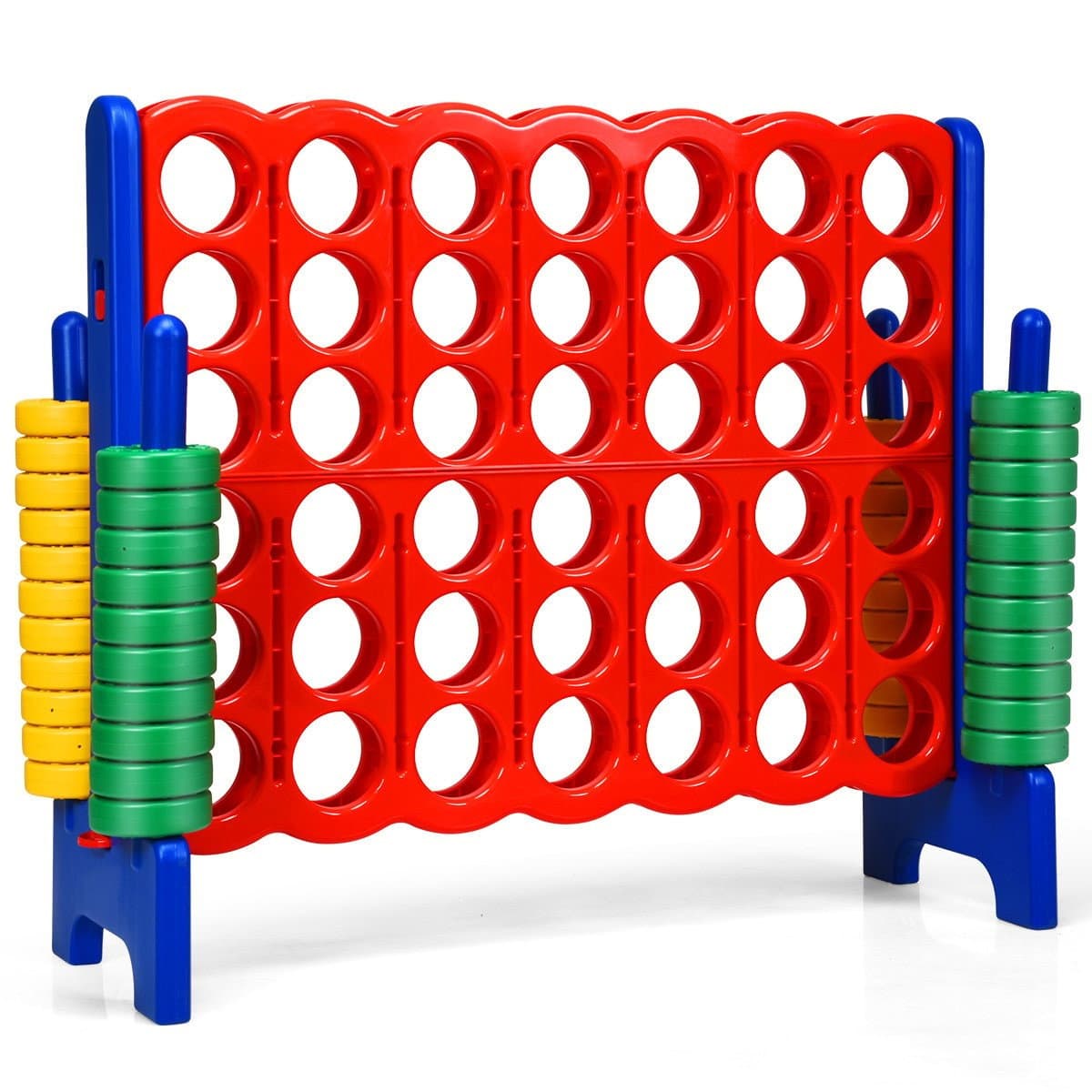 Il tabellone "Forza Quattro" del gioco "4 Vittorie" contiene il gioco "Quattro in fila" con 42 anelli giganti.