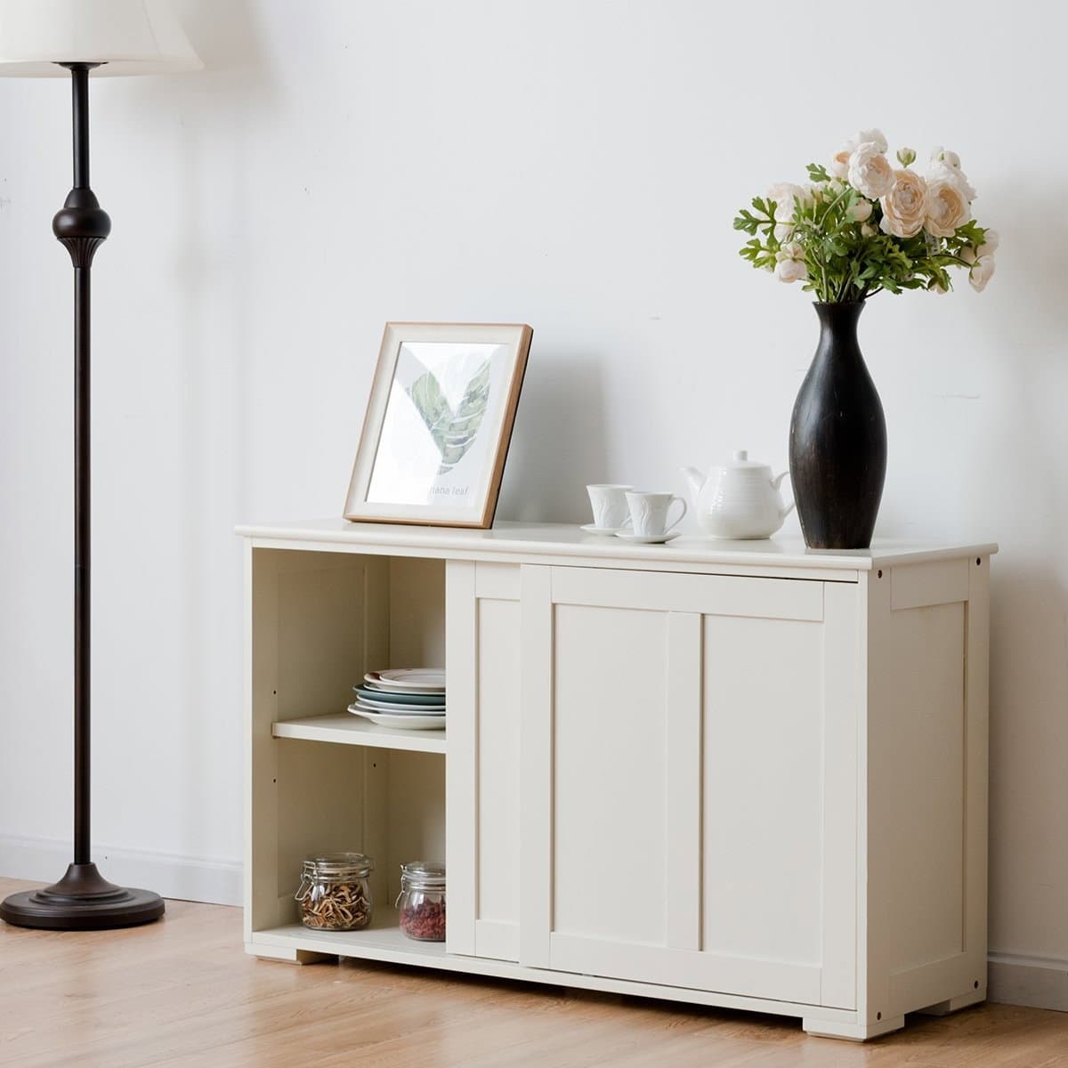 Credenza da cucina con ante scorrevoli bianco/marrone 106,5 x 33 x 60 cm - Beige