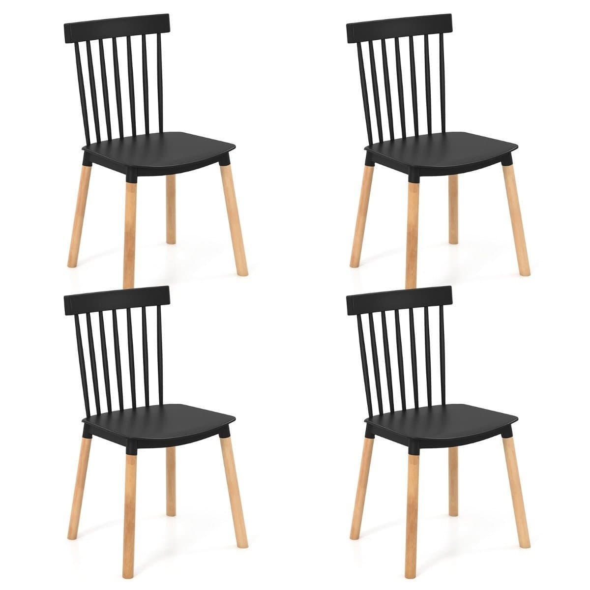 Set di 4 sedie da pranzo con schienali a fuso e seduta curva, sedie senza braccioli, nere