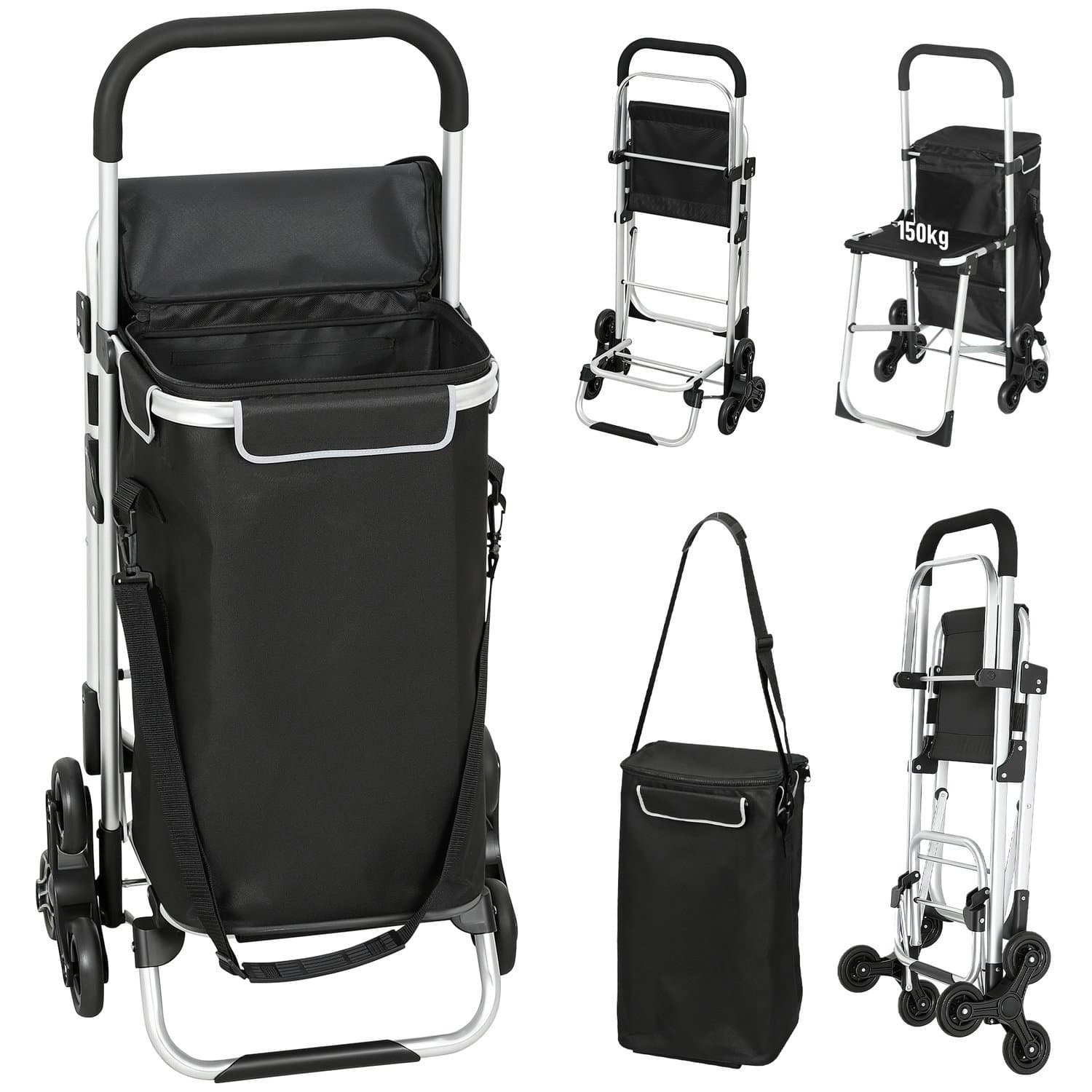 Chariot de courses, capacité de 40 L, 3 roues, cadre en aluminium, siège