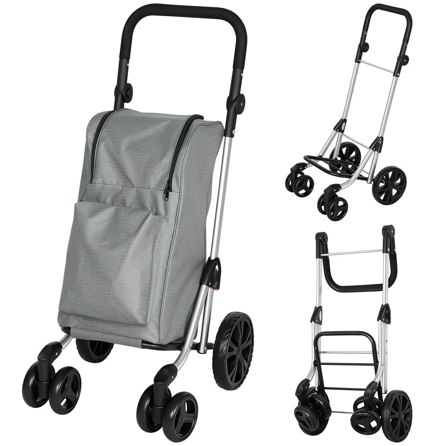 Chariot de courses pliable, capacité 46 L, compartiment isotherme, gris