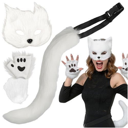 Weißes 4-teiliges Katzen-/Fuchskostüm-Set – Maske, Schwanz, Pfoten
