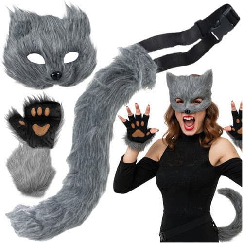 Graues 4-teiliges Katzen-/Fuchskostüm-Set – Maske, Schwanz, Pfoten