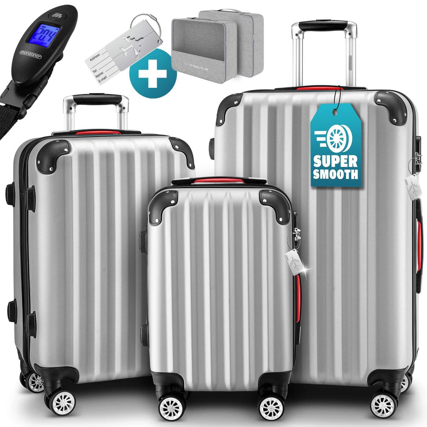 Set di 3 valigie in ABS argentato: resistenti, leggere, ruote a 360°