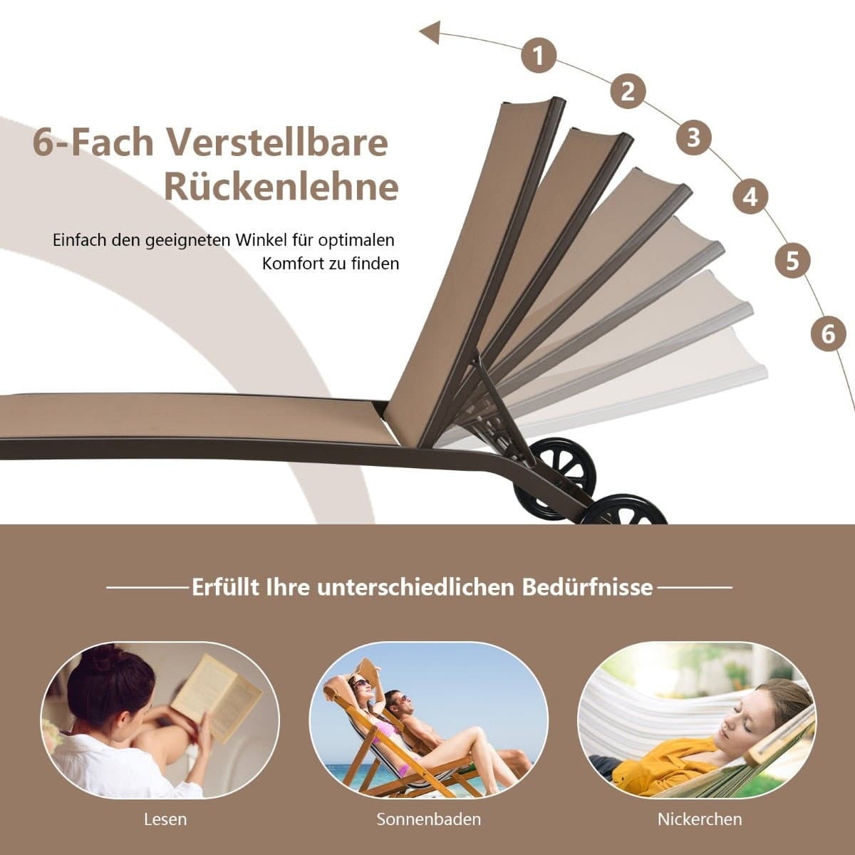 Verstellbare Outdoor-Stahlliege mit Rollen – Braun