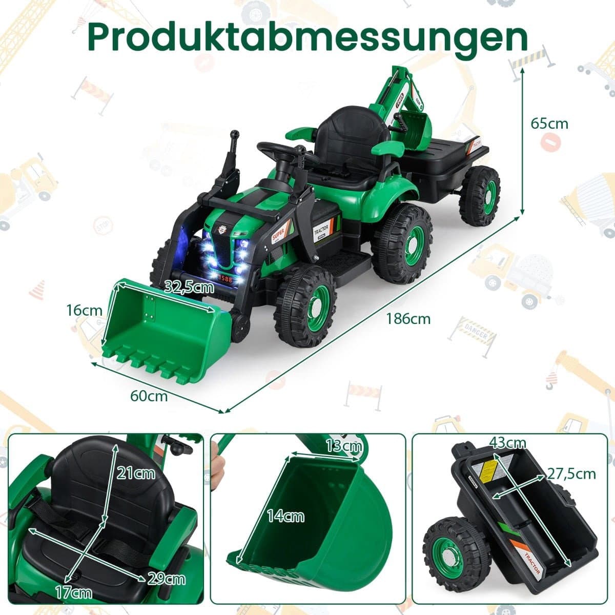Trattore per bambini da 12 V con rimorchio e telecomando