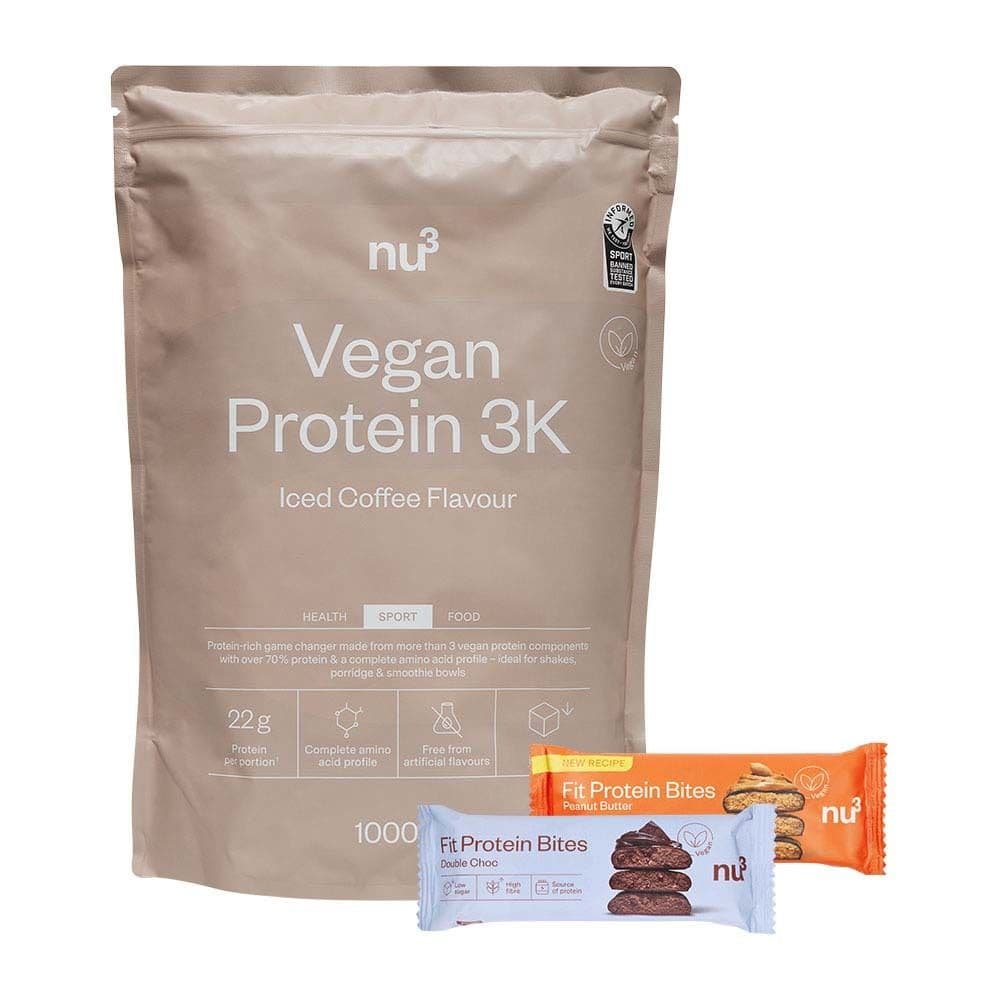 nu3 Vegan Protein 3K Shake, Iced Coffee + Fit Protein Bites Peanut Butter + Fit Protein Bites Double-Choc