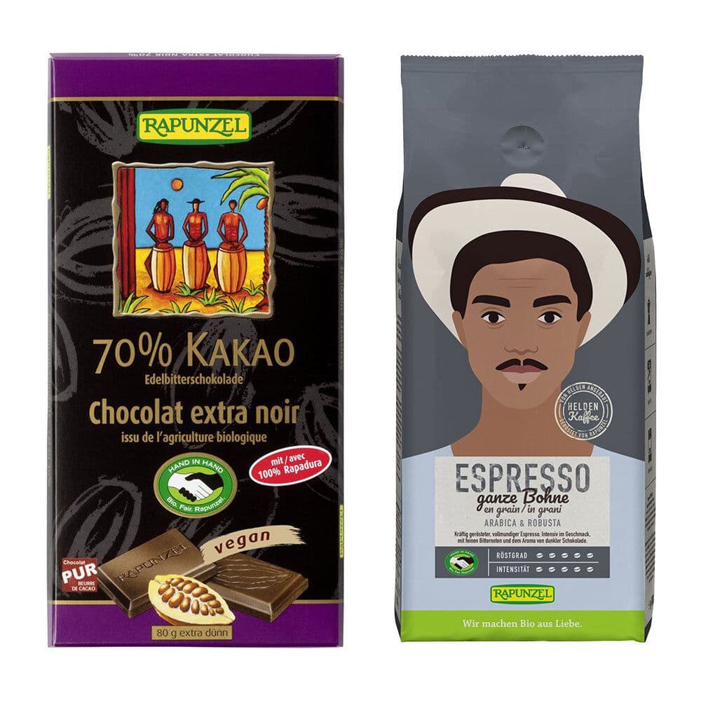 Rapunzel Heldenkaffee Espresso + Rapunzel Edelbitter Schokolade 70% Kakao