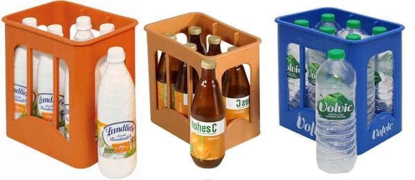 Kaufmannsladen Getränkekisten gefüllt mit jeweils 6 Flaschen Volvic, Hohes C oder Landliebe Milch