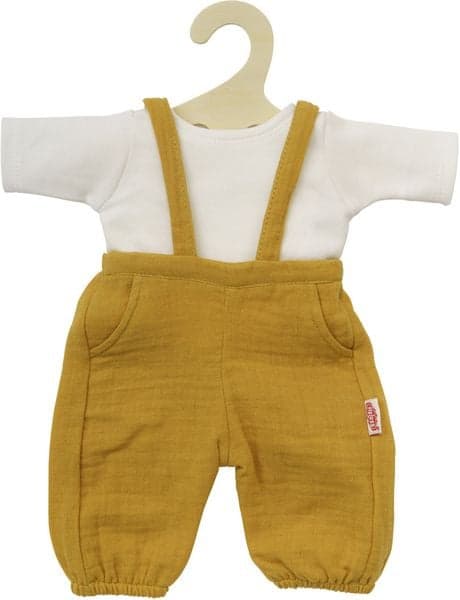 Puppen-Latzhose aus 100 % Bio-Baumwolle, honiggelb, mit weißem T-Shirt, 2-teilig