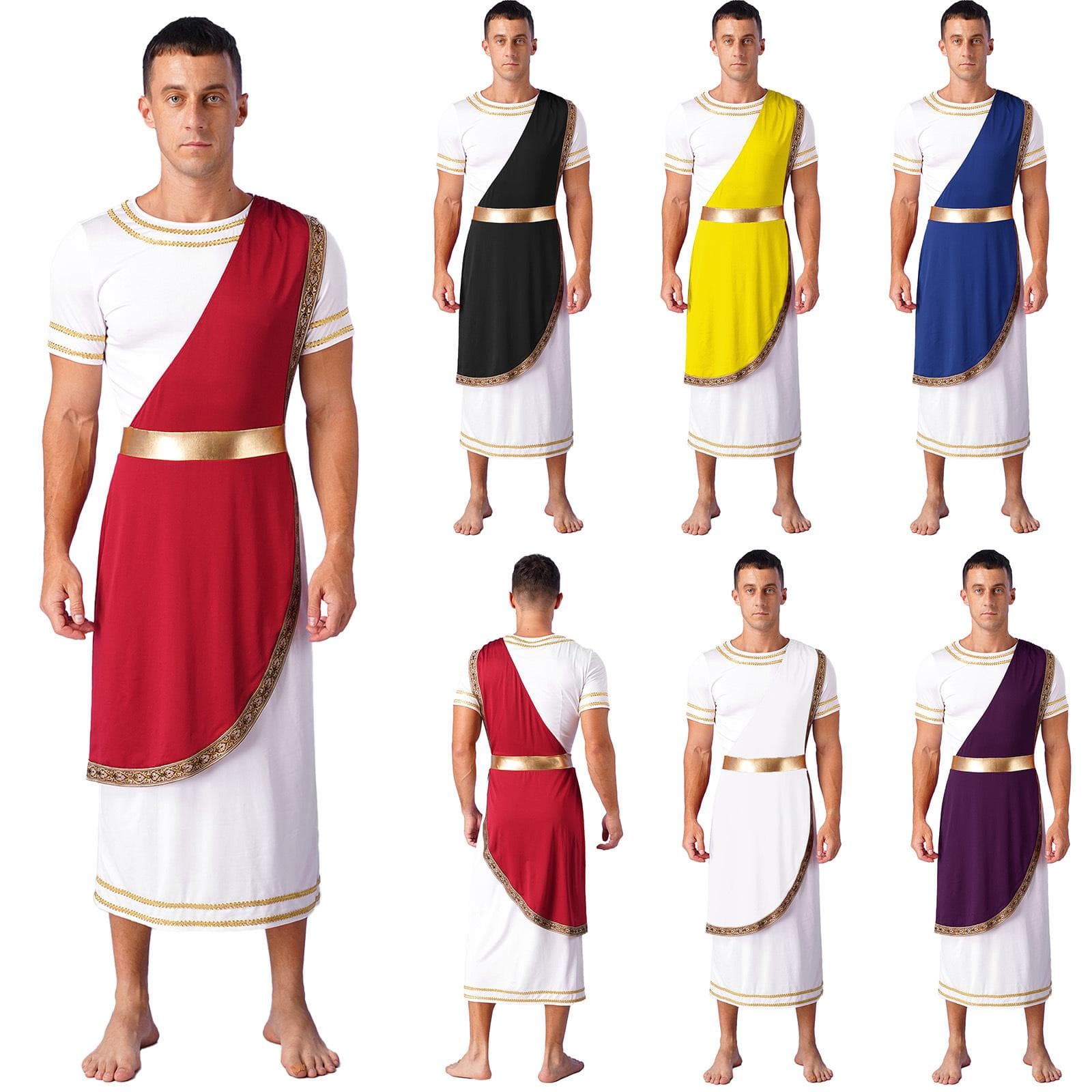 Herren Antikes griechisches Toga-Kostüm, kurze Ärmel, Goldbesatz, Halloween, römisches Cosplay-Gewand cm schwarz