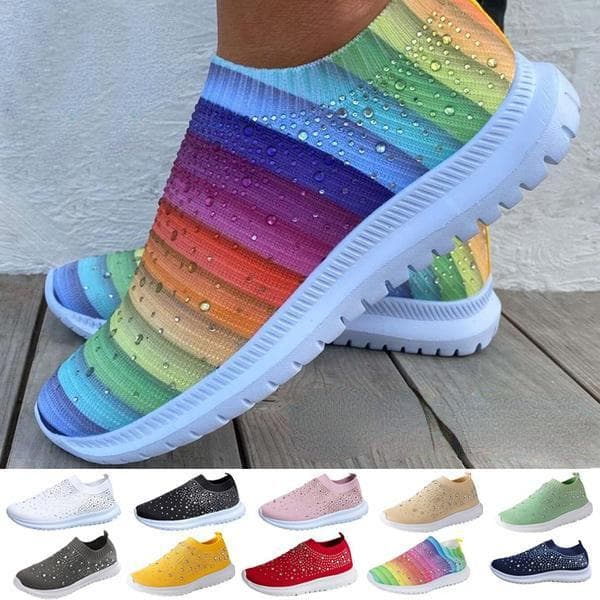 Modische Damen-Schuhe aus leichtem, atmungsaktivem Mesh, elastisch, gestreift, mit Regenbogen-Strasssteinen cm bunt