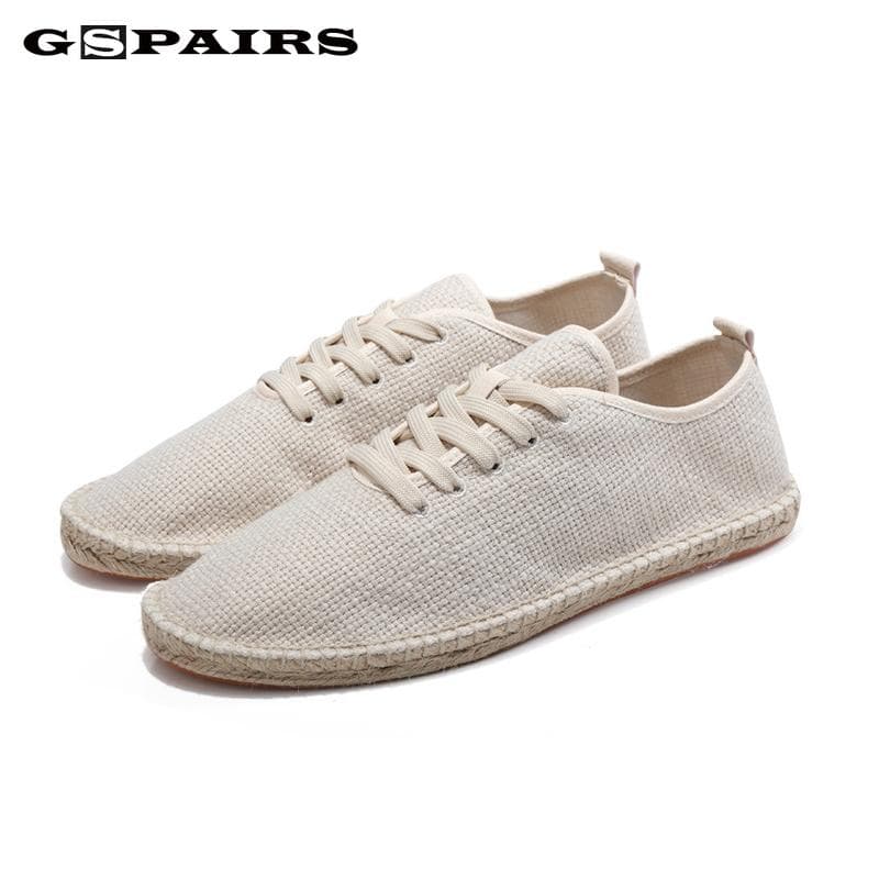 2024 Herren Canvas Schuhe Atmungsaktive Herren Slipper Schnürschuhe Einfarbig Schwarz Weiß Hanf Umwicklung Herrenschuhe Espadrilles Fischer cm beige