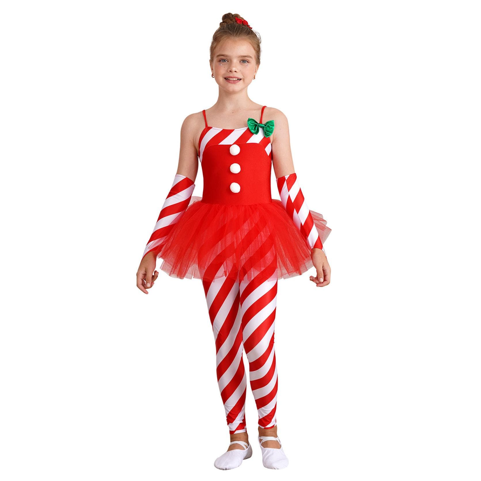 Mädchen-Zuckerstangen-Kostüm, Weihnachtsmann, Weihnachten, ärmellos, Streifendruck, Tüll, Schößchen, langer Overall mit Armärmeln cm rot
