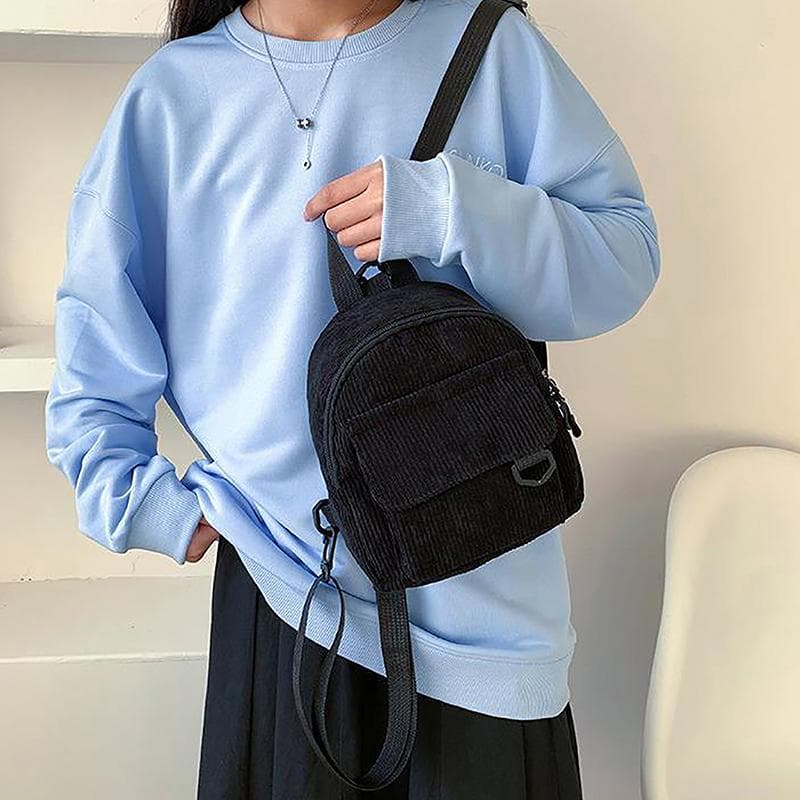 Mini-Rucksack aus Cord in Volltonfarbe, minimalistischer kleiner Rucksack für Mädchen und Kinder, Reisetasche, lässige Studententasche schwarz