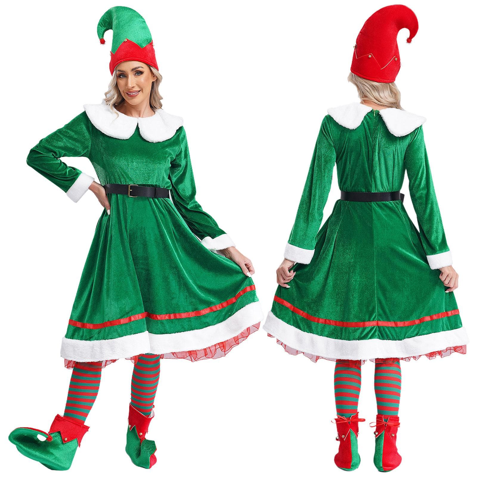 Damen Weihnachts-Elfenkostüm Schelle Flanellkleid Gürtel Hut Gestreifte Strümpfe Schuhe Cosplay-Set cm grün