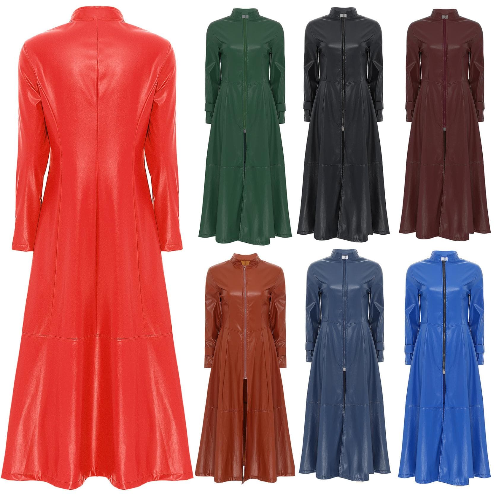 Steampunk-Stil, Gothic-Motorrad-Mantel, Disco-Party, langer Mantel, Kunstleder, Trenchcoat, Jacke, Umhang, Kleid, durchgehender Reißverschluss,