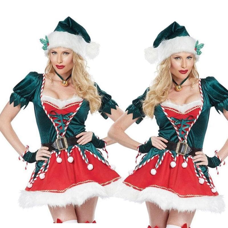 Damen Weihnachtsmann-Helfer, Erwachsene Elfe, Weihnachtselfen-Kostüm-Set, Kleid, Gürtel, Hut, Mantel, Cosplay cm