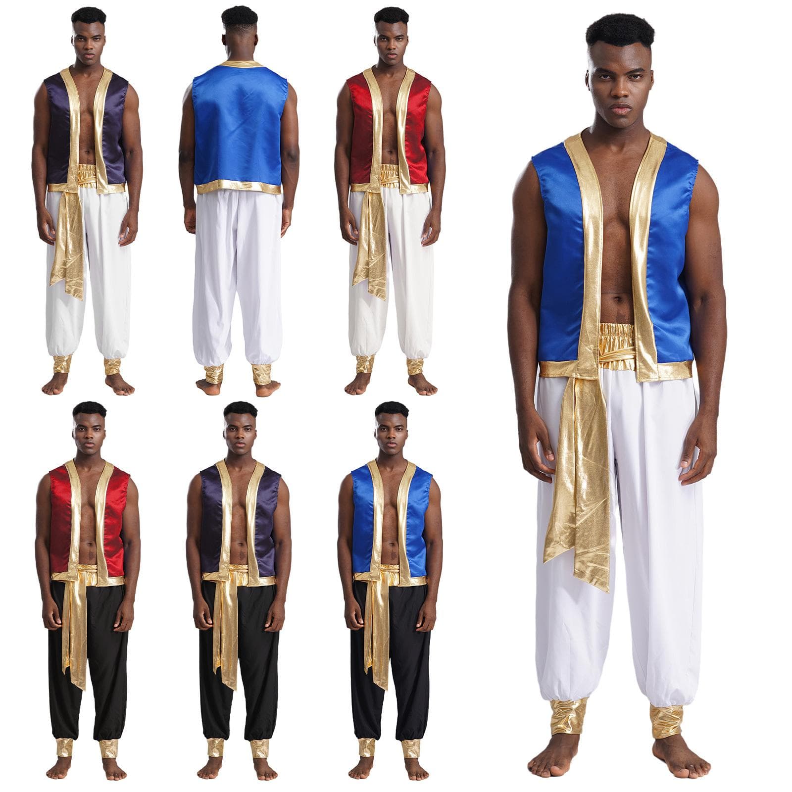 Herren Arabischer Prinz Kostüm Set Metallic Glänzender Besatz Offene Weste Lange Hose Zweiteiliges Party Outfit cm rot/schwarz