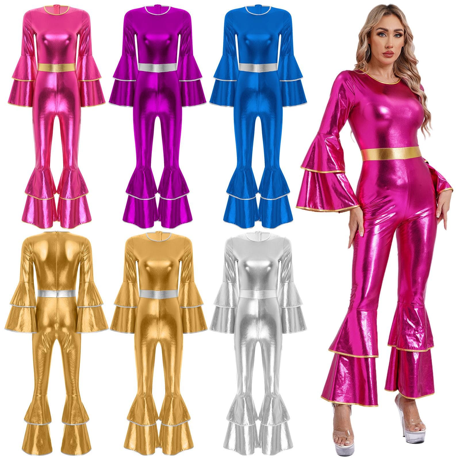 Damen Vintage 70er Jahre Disco Metallic Glänzend Jumpsuit Stufenärmel Schlaghose Hippie Strampler Einteiler Tanzbekleidung Kostüme cm violett