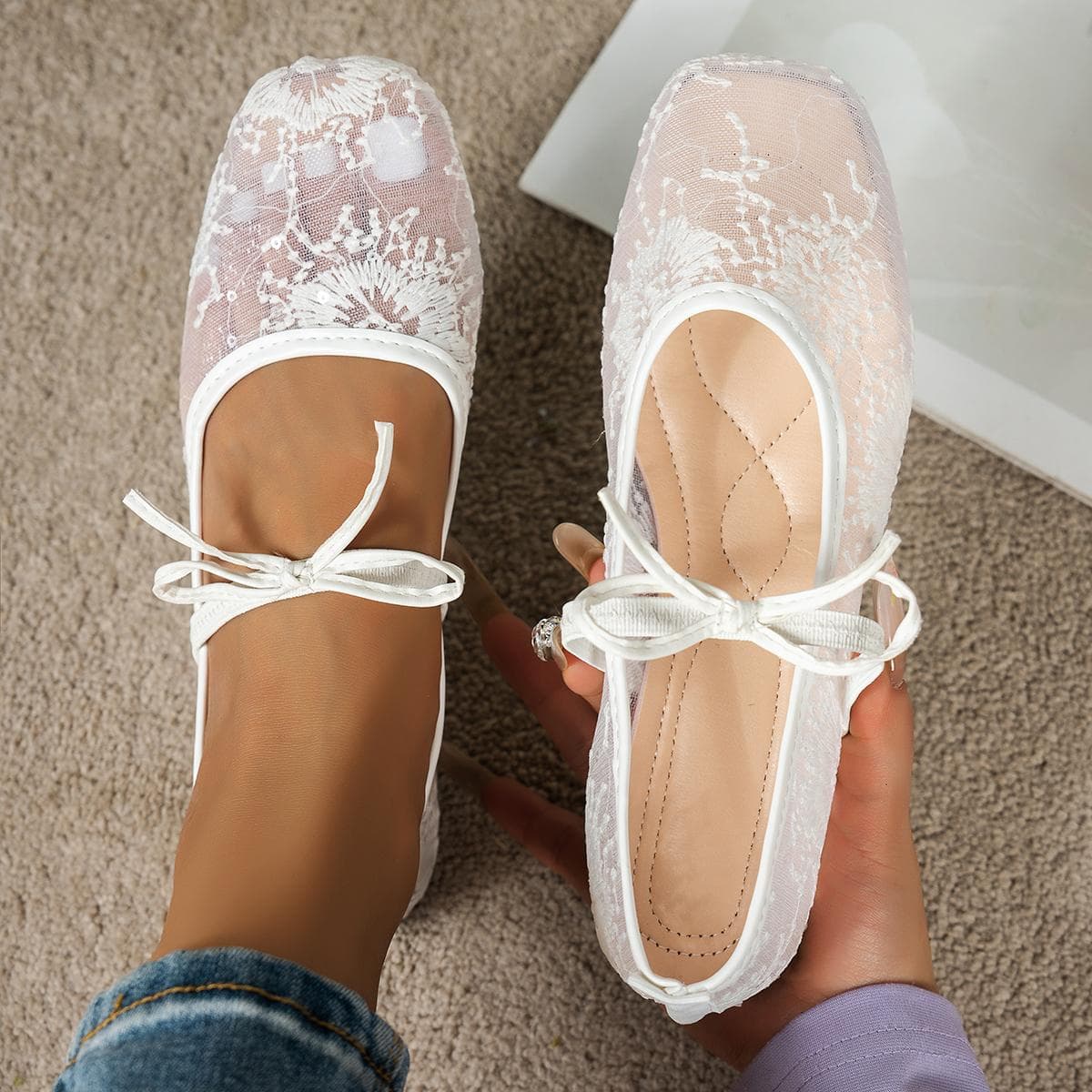 Ballerinas mit eckiger Zehenpartie, Mesh-Flats zum Hineinschlüpfen im Ballettstil, Mary Jane Schuhe mit französischem Temperament cm weiß