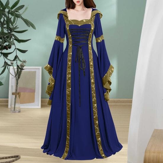 Damenkleid im mittelalterlichen königlichen Stil, mit Schnürung, Kapuze und Fledermausärmeln, Maxikleid mit Taillenbesatz, quadratischem Kragen,