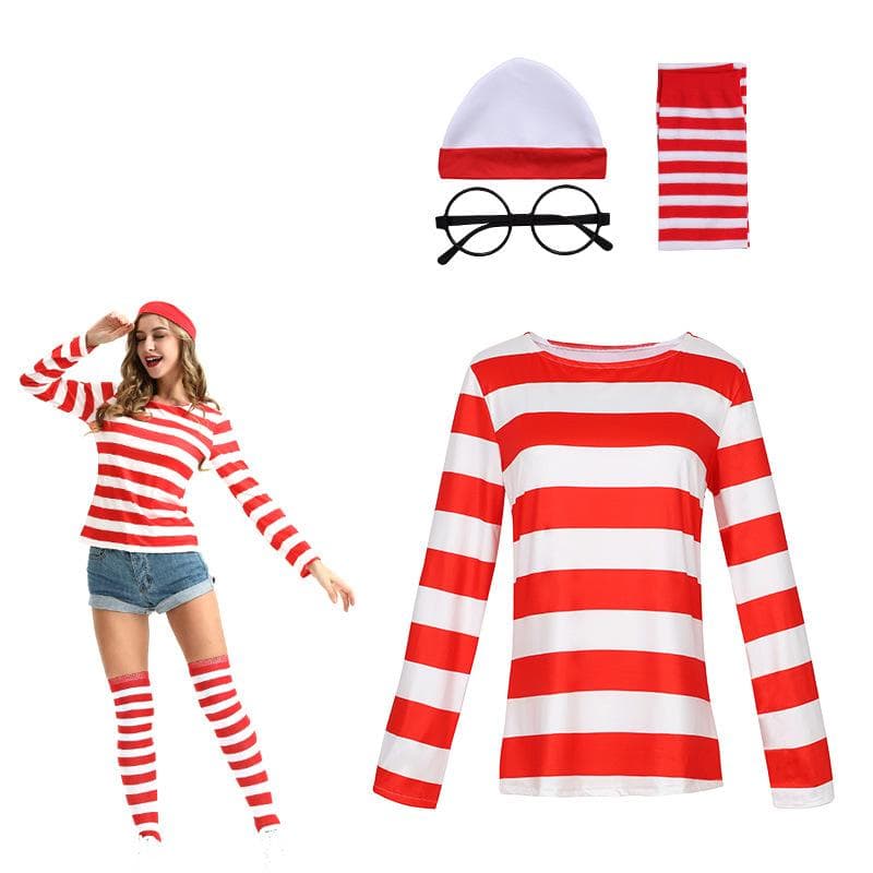 Wo ist Walter Waldo Kostüm Eltern-Kind Cartoon Waldo Buchwoche Cosplay Outfit Streifen Langarmshirt Halloween Hut Glas cm