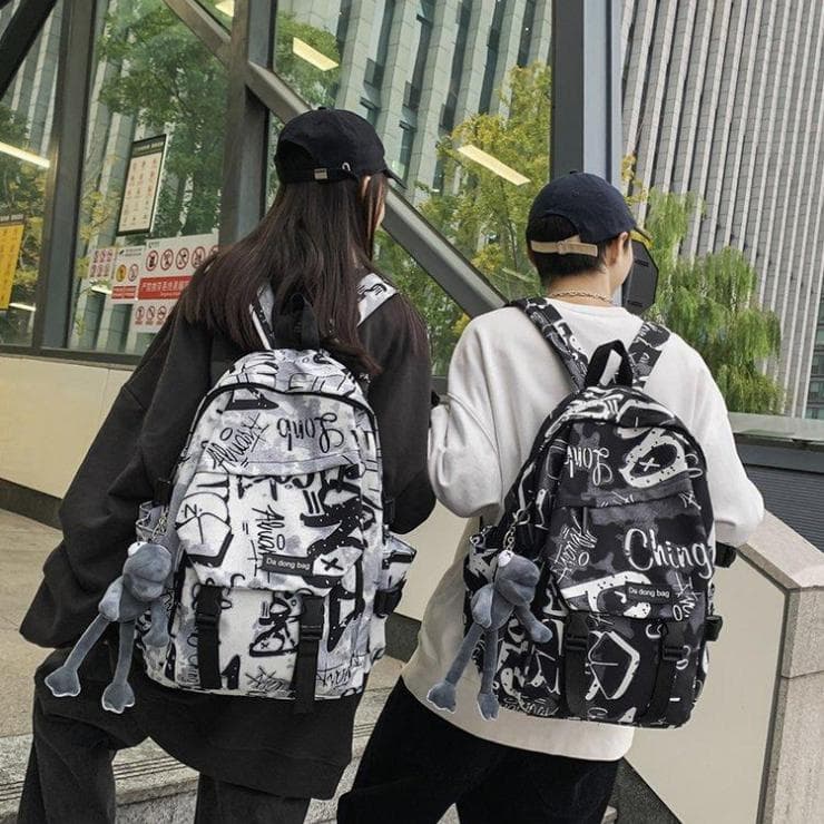 Rucksack Herren Großraum Graffiti Rucksack Lässig Studenten Schultasche CLE weiß