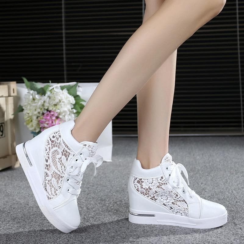 Sommer Frauen Spitze Casual Schuhe Frau Atmungsaktive Mesh Turnschuhe Wohnungen Spitze Loafers High Heels Plattform Keile Damen Creepers cm weiß