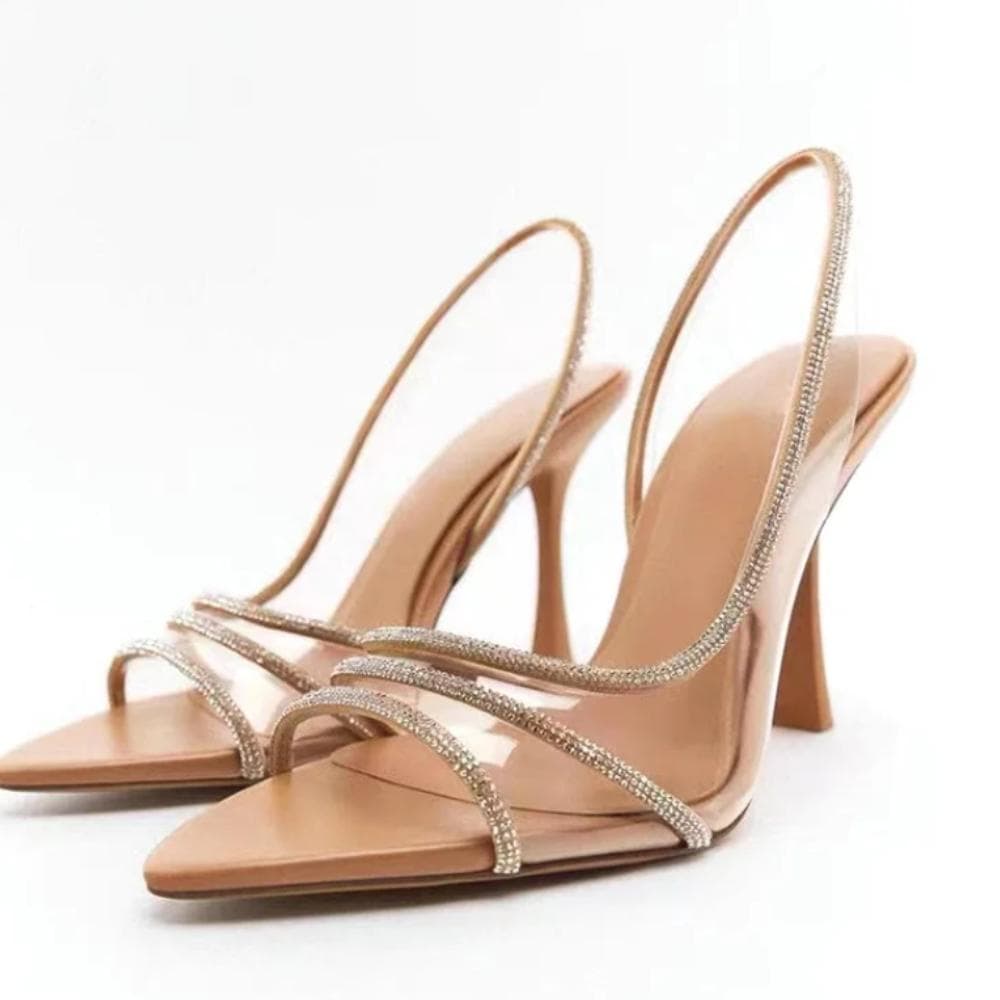 Mode High Heels Sandalen Damen 2025 Sommer Neu Feenstil Sexy Flacher Ausschnitt Hinten Ausgehöhlt Spitz Strass Offene Zehen Sandalen cm apricot