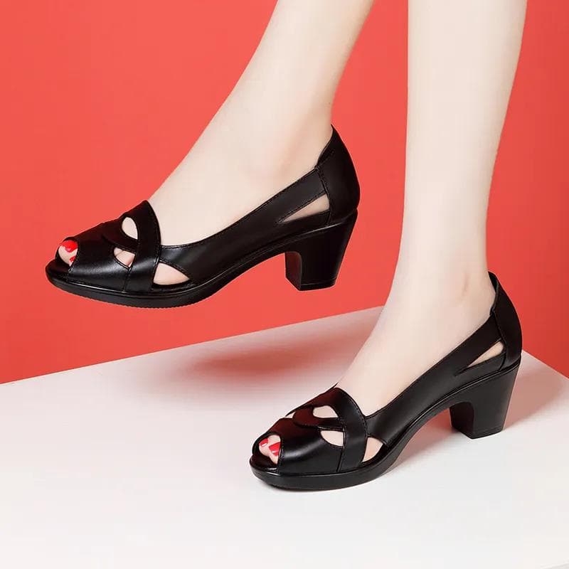 Sandalen aus weichem Leder für Damen mittleren Alters und ältere Mütter, Schuhe mit weicher Sohle, mittlerem Absatz und dickem Absatz,