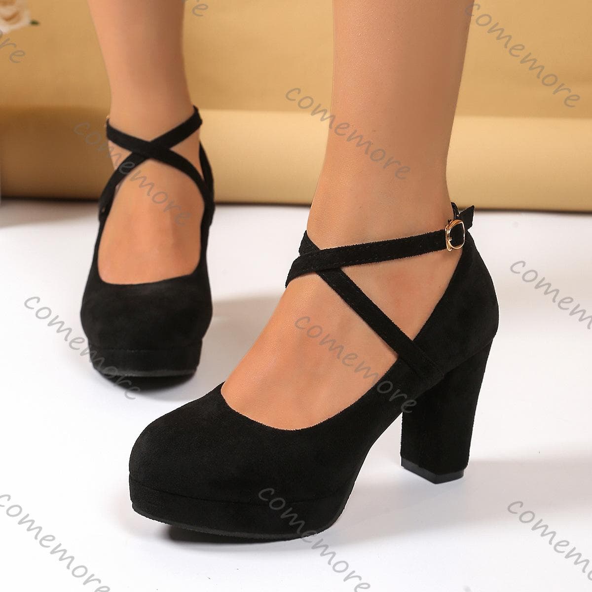 Fashion Comemore 2025 Neue Klobige Hohe Absätze Damenschuhe Mode Wildleder Überkreuzriemen Elegante Damenabsätze Plateau Einfarbig Partykleid Pumps