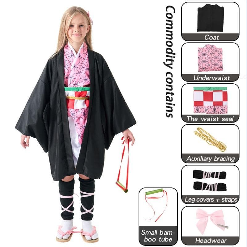 Kinder Kimetsu No Yaiba Halloween Cosplay Kostüm Mädchen Kamado Nezuko Rollenspiel Verkleidung Outfit 140cm rosa