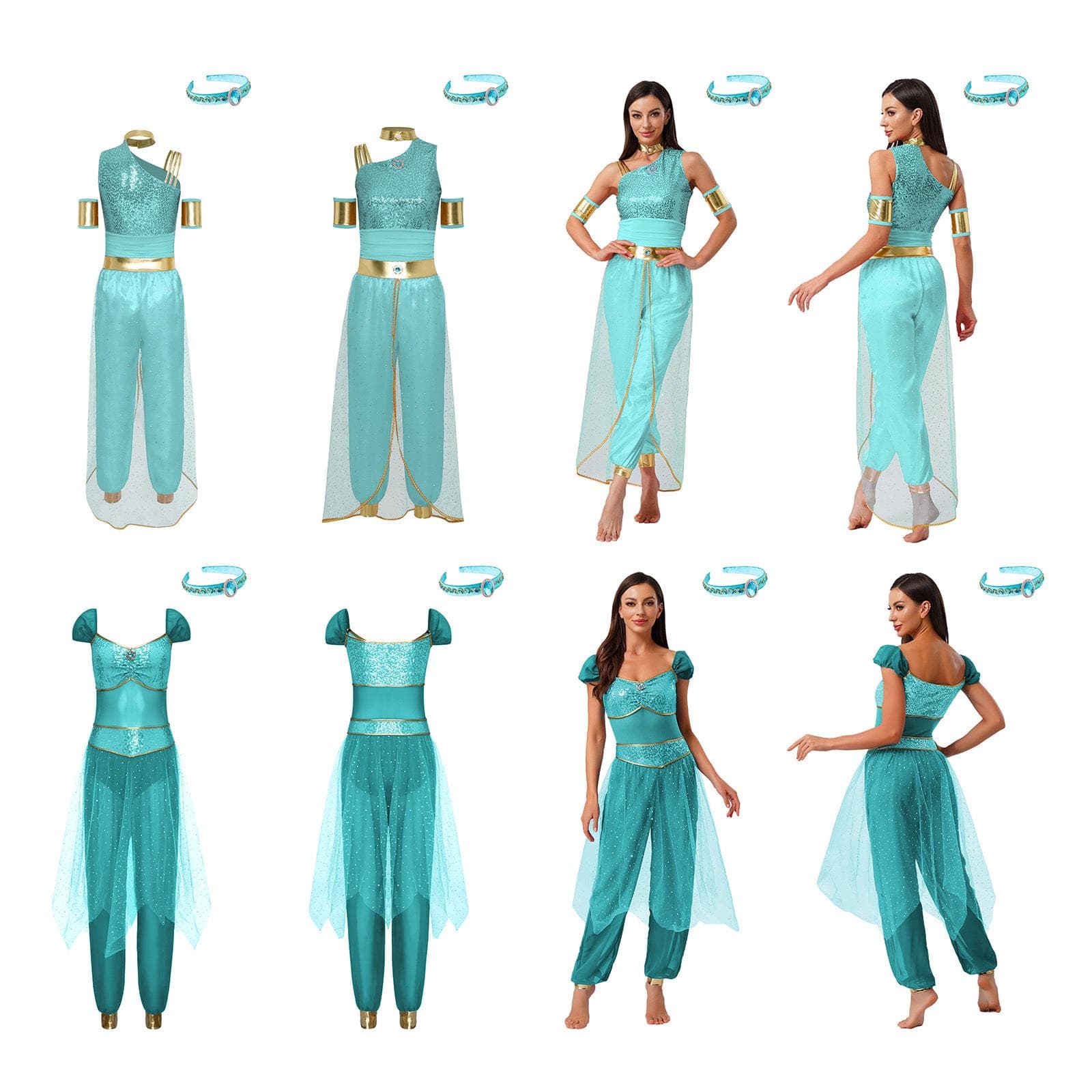 Komplettes Motto-Party- & Halloween-Outfit S-XXL: Damen Arabische Prinzessin Jumpsuit, Mit Edelstein-Verzierungen, Tüll & Abnehmbaren Teilen cm