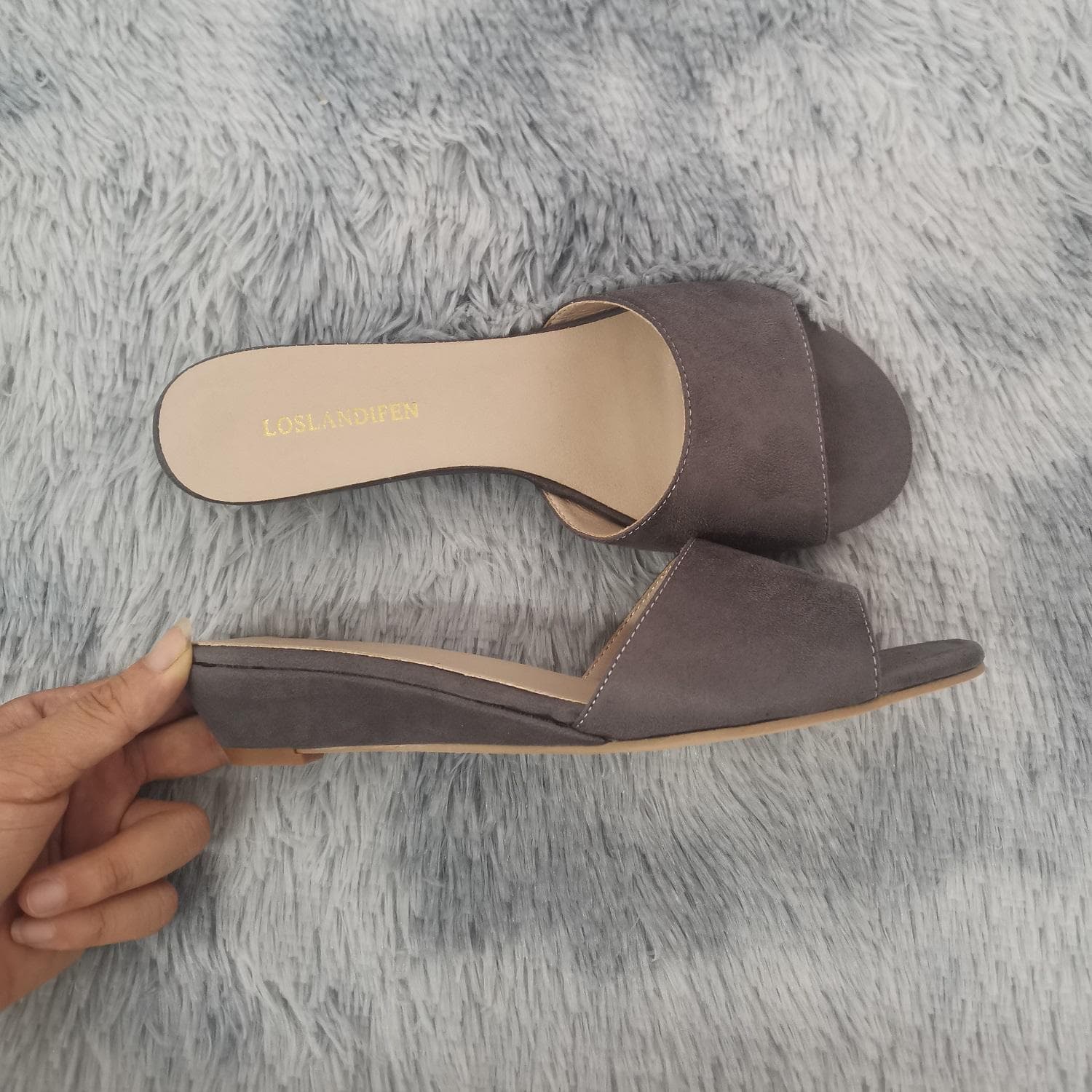LOSLANDIFEN Frauen Hausschuhe Elegante Sommer 3 cm Samt Maultiere Keil Sandalen Hausschuhe Offene spitze High Heels Casual Kleid Frau Schuhe cm aprico