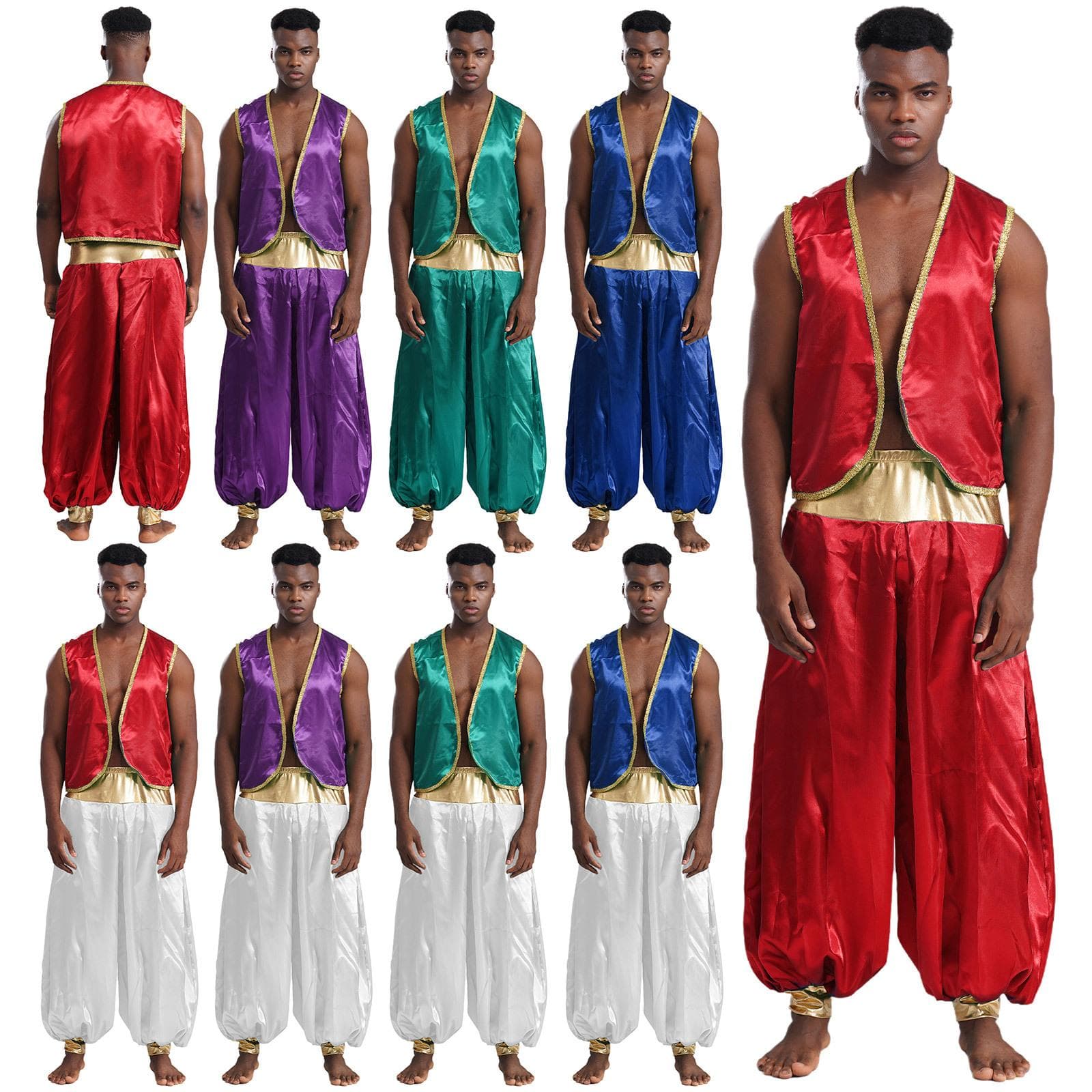 Arabischer Prinzenkostüm für Herren, Weste mit glänzendem Goldbesatz und Patchwork-Laternenhose für Cosplay, Halloween-Mottoparty, gebogene Weste