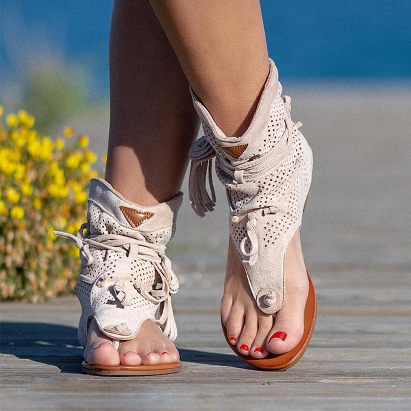 Damen Rom Damen Clip Toe Vintage Stiefel Quaste Sandalen Gladiator Retro Mode Sommer Casual cm beige