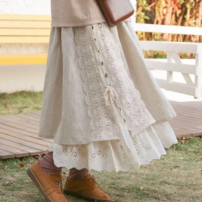 Johnature Vintage Mori Baumwolle Leinen Patchwork Spitzenröcke Frühling All Match elastische Taille japanische A-Leinen Damenröcke cm beige