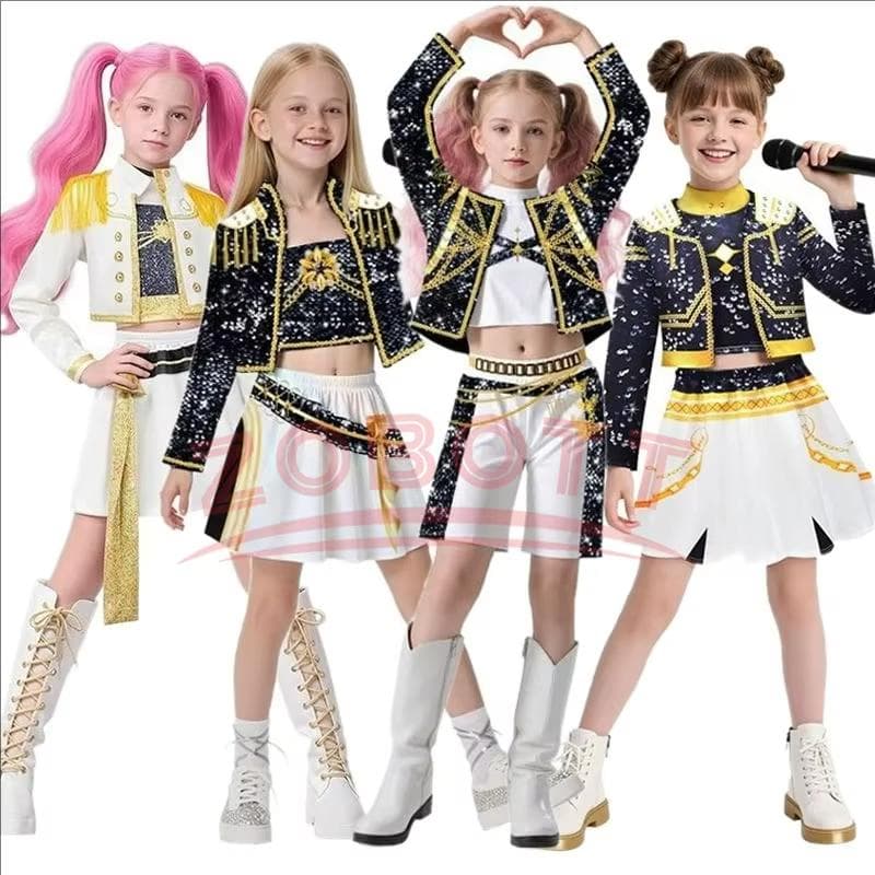 Kinder K-Pop Rumi Zoey Mira Cosplay Huntrix Kostüm 3D-Druck Dämonenjäger Mira Bühnenkostüme Kind Halloween Party Kleidung Set 120cm
