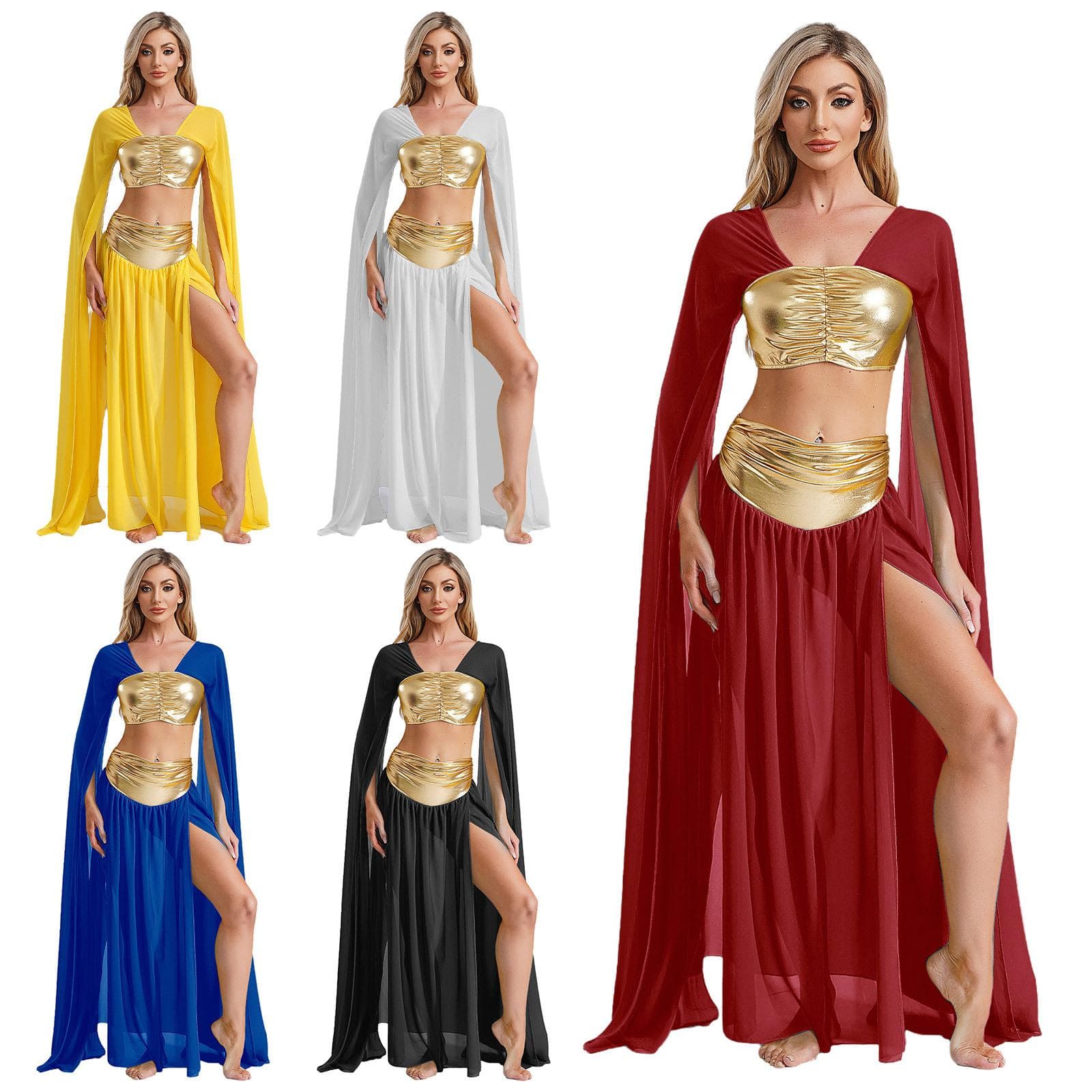 Damen Altes Ägypten Kostüm 2-teiliges Set Kleopatra Crop Top Schlitz Chiffonrock Halloween Party Outfit cm schwarz