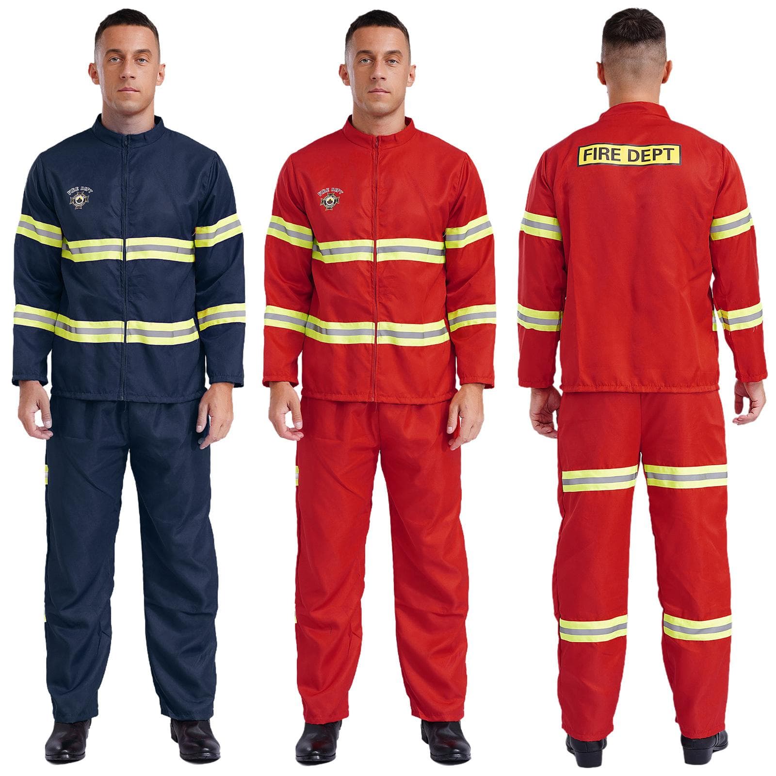Feuerwehrmann-Kostüm für Herren, 4-teilig, Plastikhelm, Langarm, Jacke, Mantel, Hose und Gürtel, Set mit reflektierenden Streifen cm rot