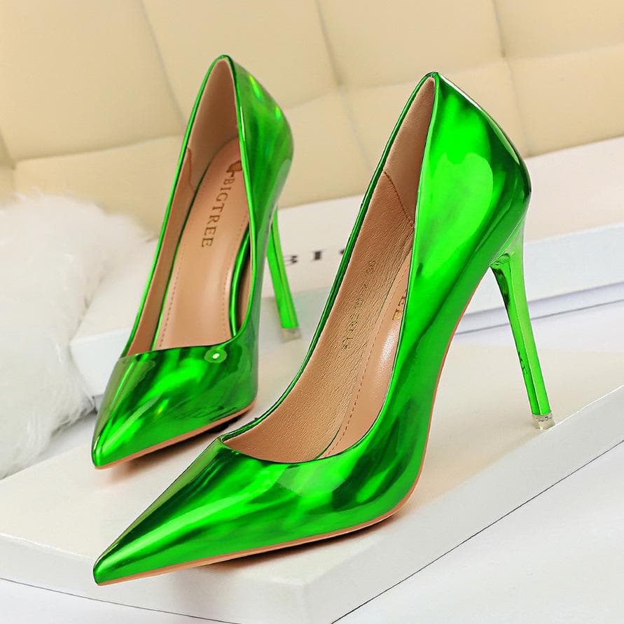 BIGTREE Damen-Metallabsatz, 10,5 cm, Super-High-Heel, helle Oberfläche, Lackleder, flacher Mund, spitze, sexy High-Heel-Schuhe cm schwarz