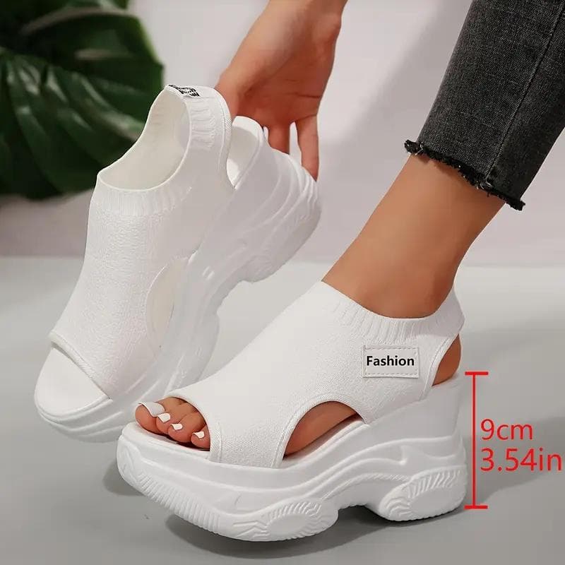 Damen Einfarbige Lässige Sandalen, Plateau Elastische Weiche Sohle Gestrickte Laufschuhe, Erhöhende Keilabsatz Urlaubsschuhe cm schwarz
