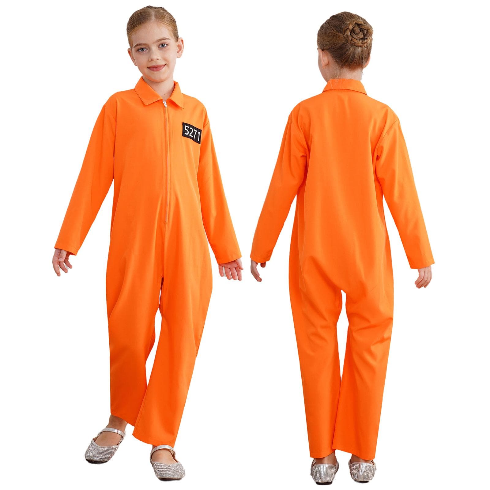 Jailbird-Kostüm für Kinder, langärmelig, Gefangenen-Outfit, gestreifter Overall für Halloween, Cosplay, Rollenspiele cm orange